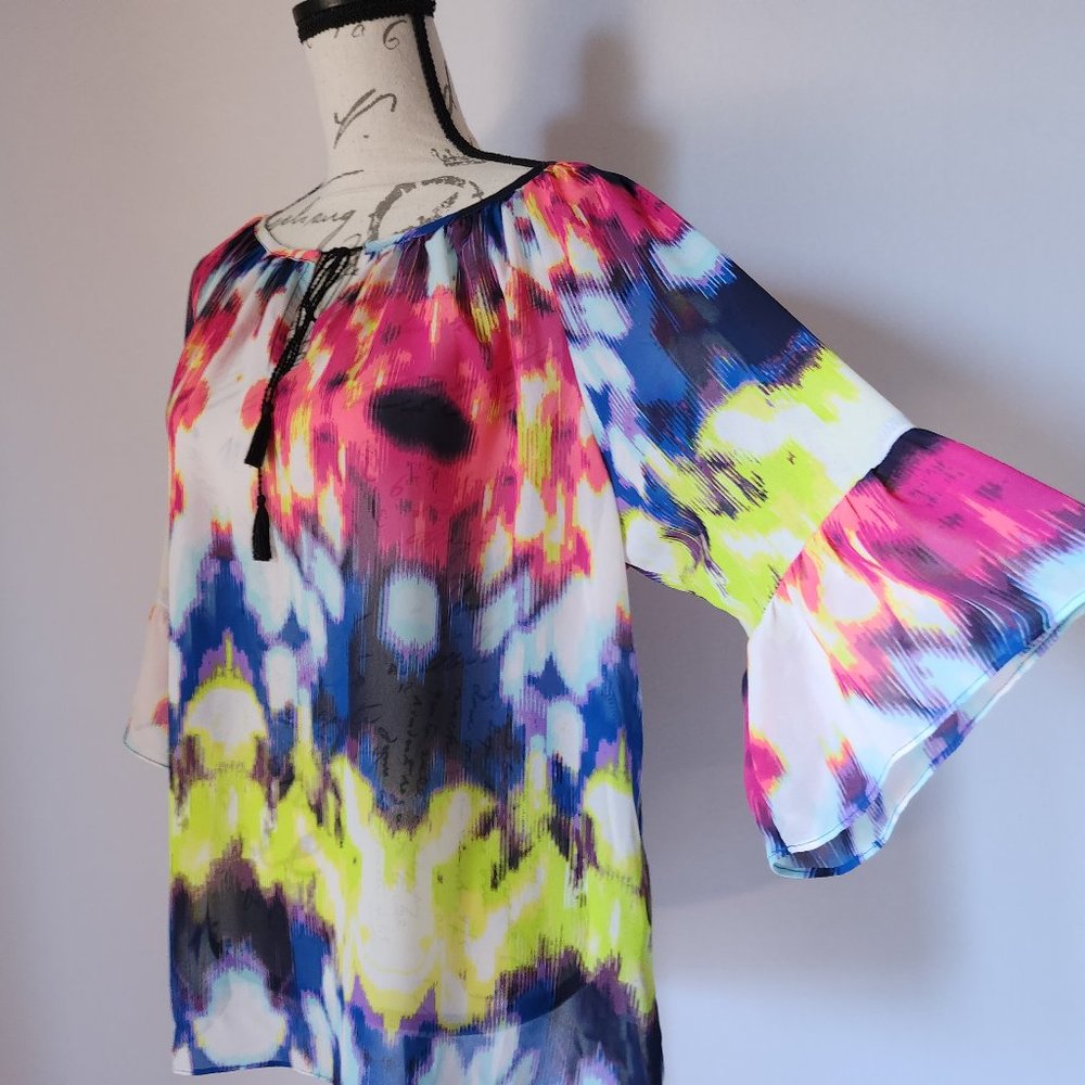EUC MILLY Sashgu Bogainvilles Ikat Chiffon Bell Sleeve Top Tassel Multicolor